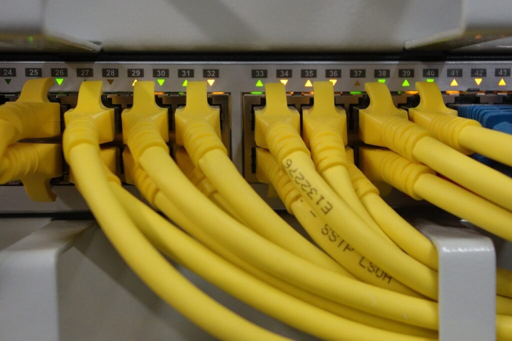 Organized network cabling setup in an office environment.